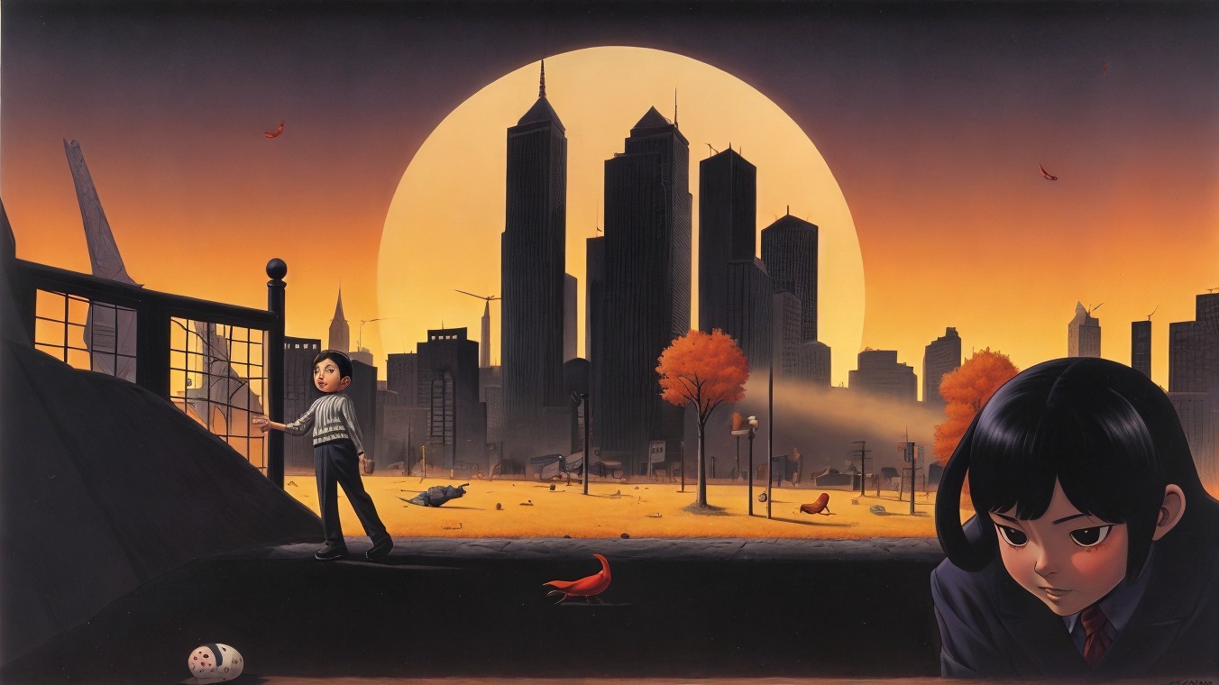 Surreal Landscape with Child and Sunset Skyline