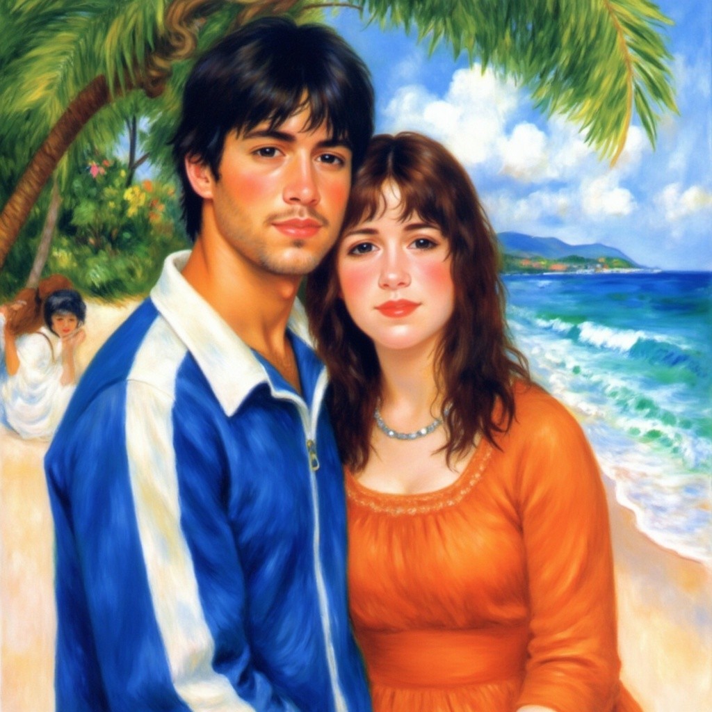 Oil Painting of a Young Couple on Tropical Beach