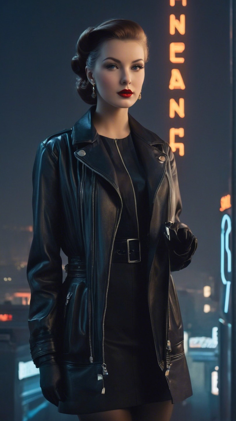 Confident Woman in Black Leather Jacket and Dress