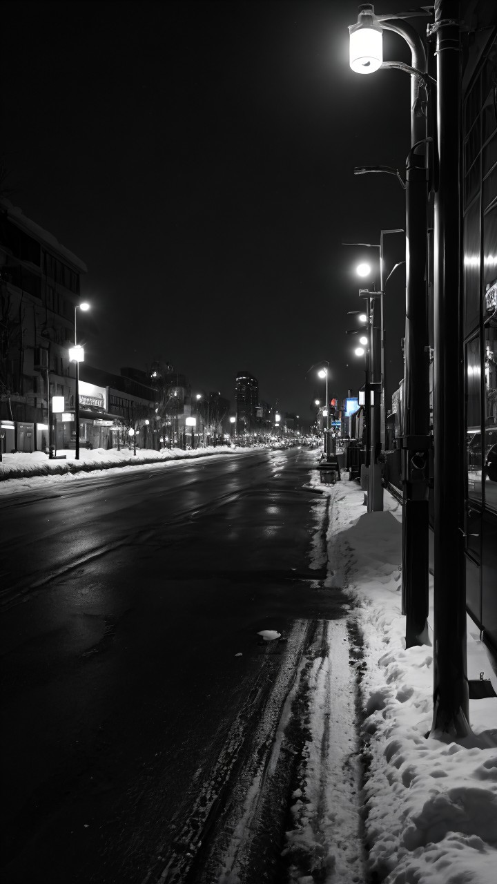 Deserted Nighttime City Street with Soft Street Lamp Glow