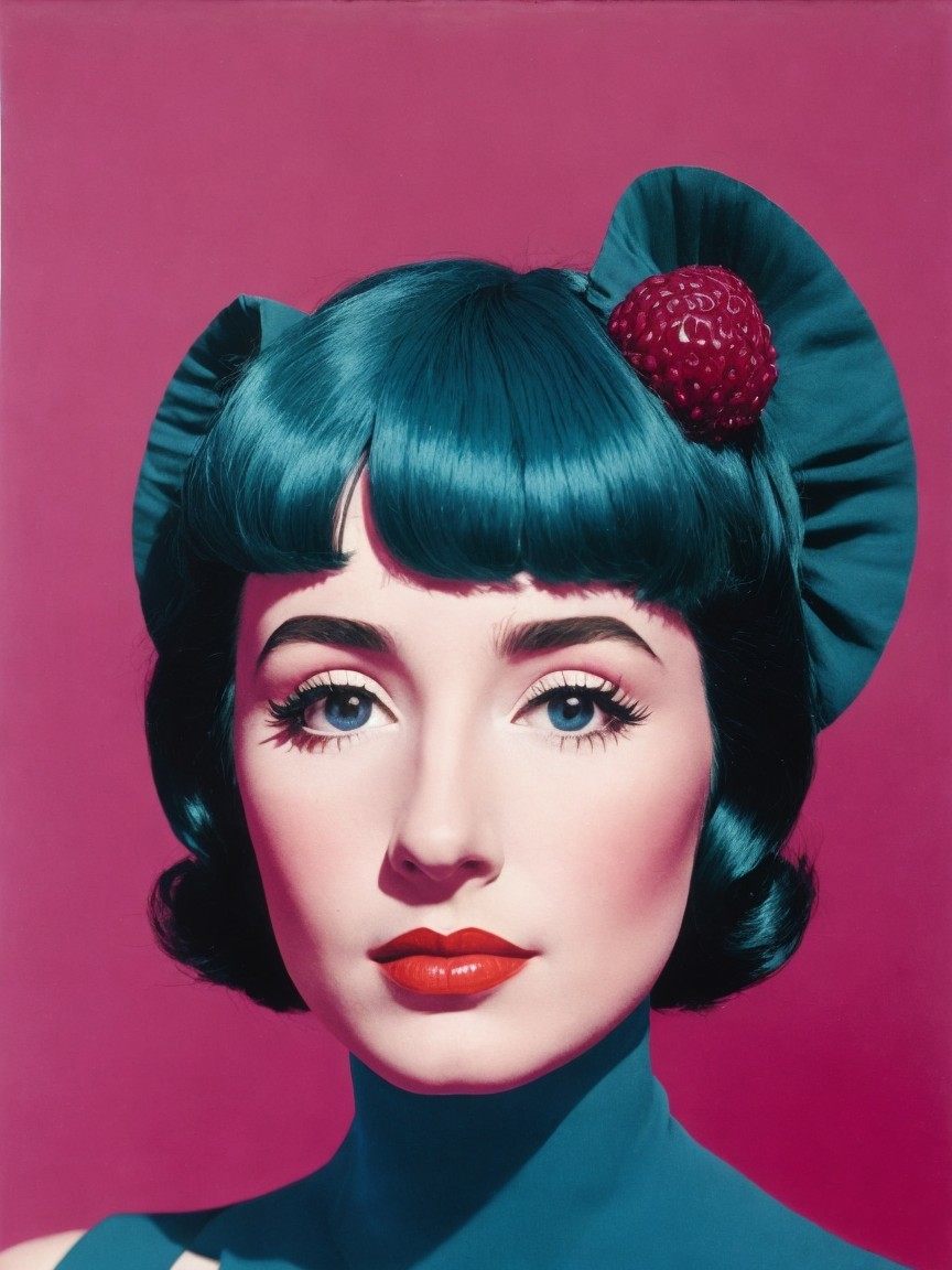 Retro-inspired woman with blue hair and bold makeup
