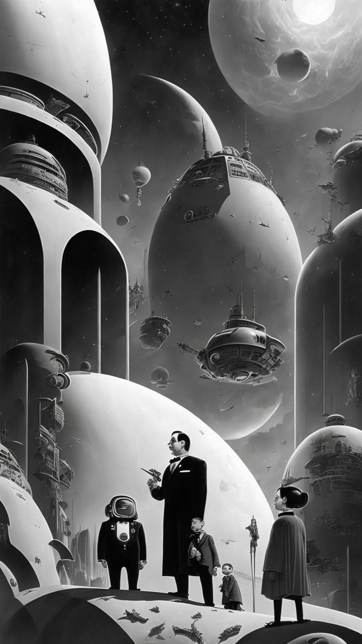 Futuristic Landscape with Humanoid Figures and Orbs