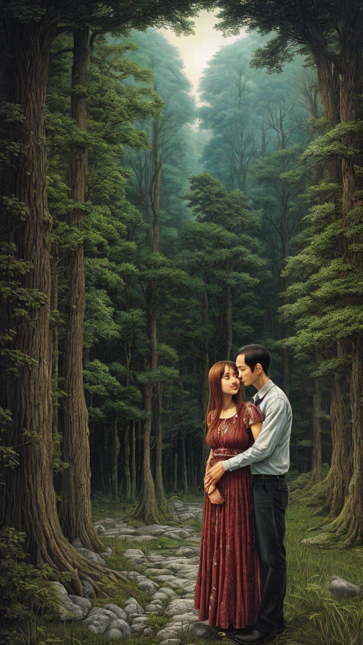 Couple Embracing in Serene Forest with Sunlight