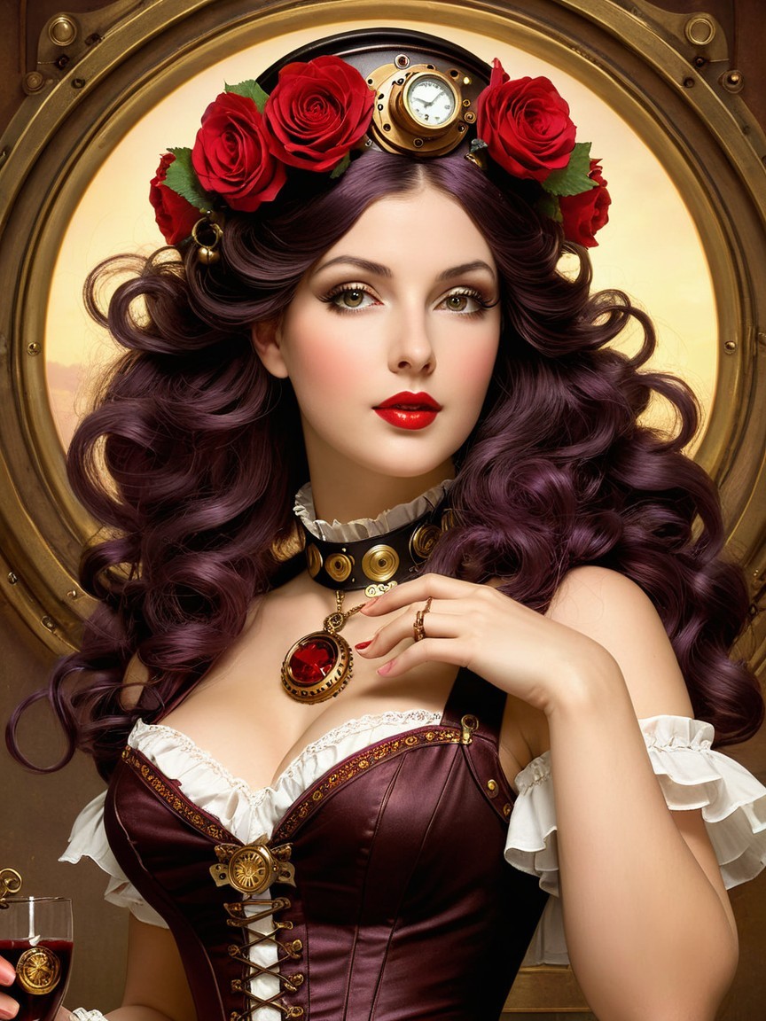 Woman with Purple Hair and Vintage Steampunk Style
