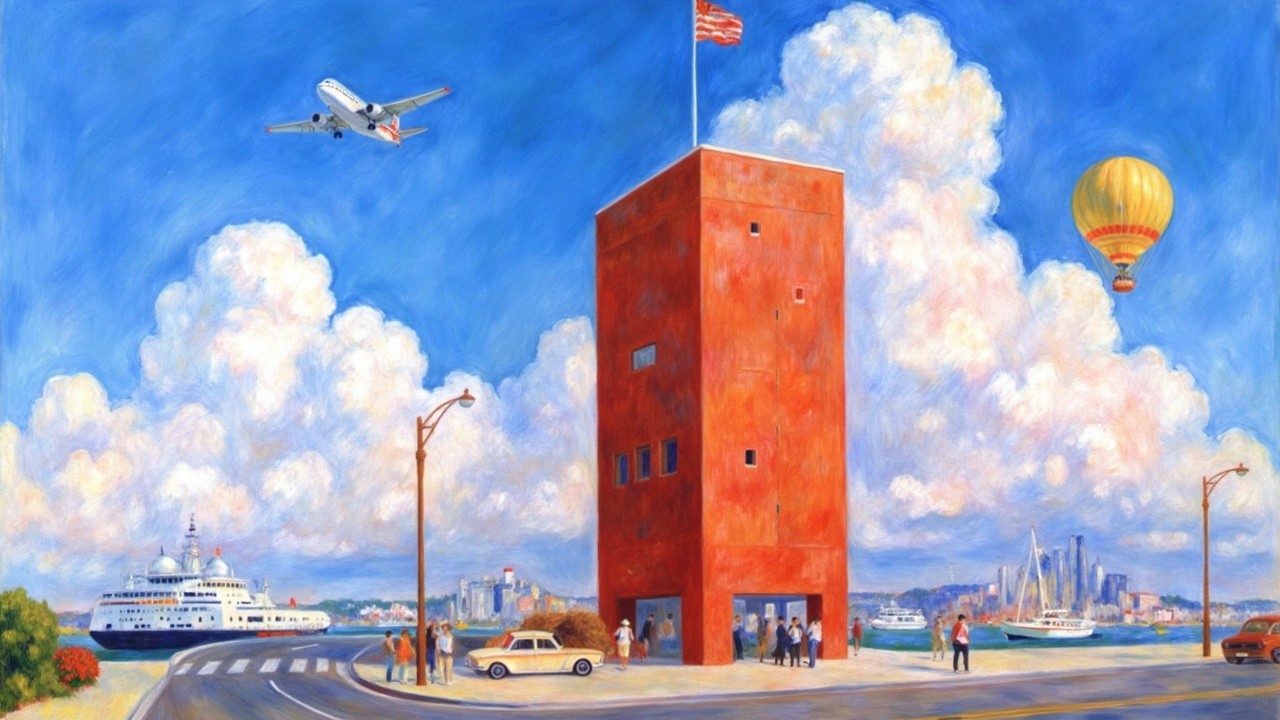 Vibrant coastal scene with red tower and yachts
