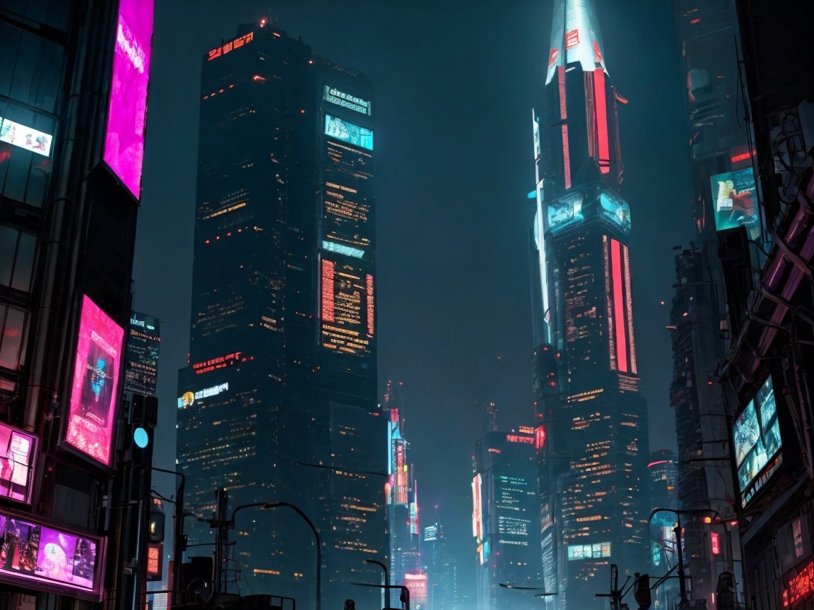 Futuristic Cityscape at Night with Neon Lights