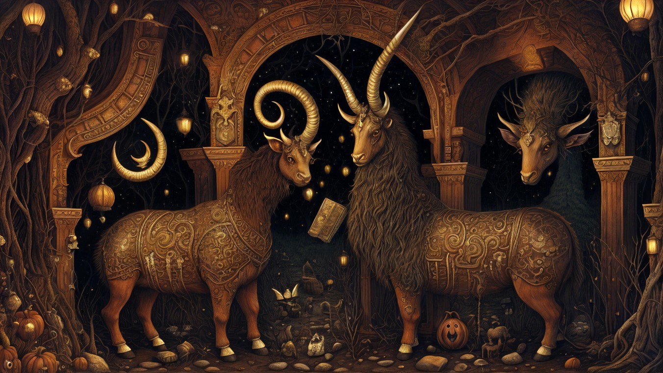 Ornate goats under a stone archway in a mystical scene
