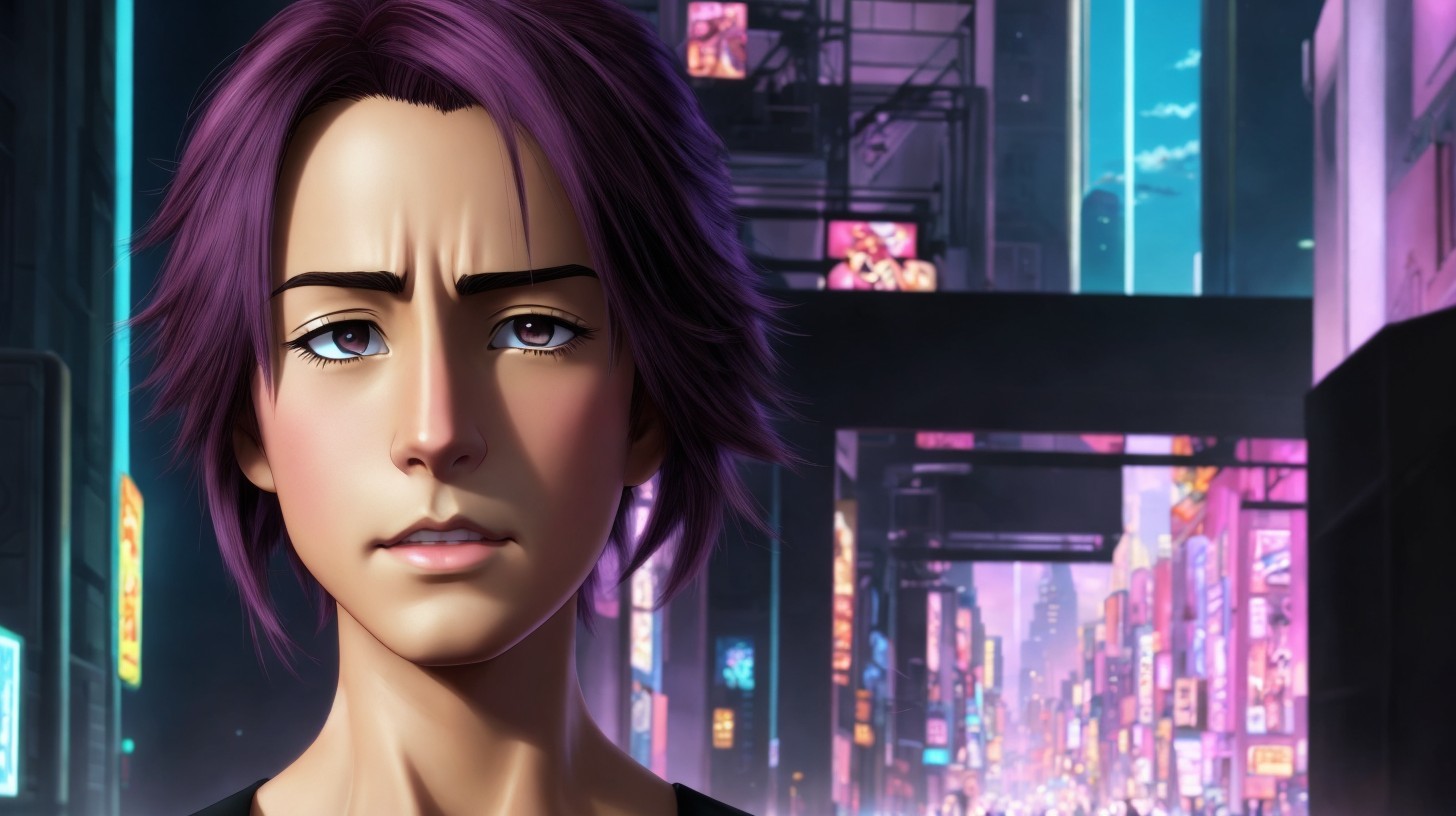 Anime Boy in Cyberpunk Cityscape at Night