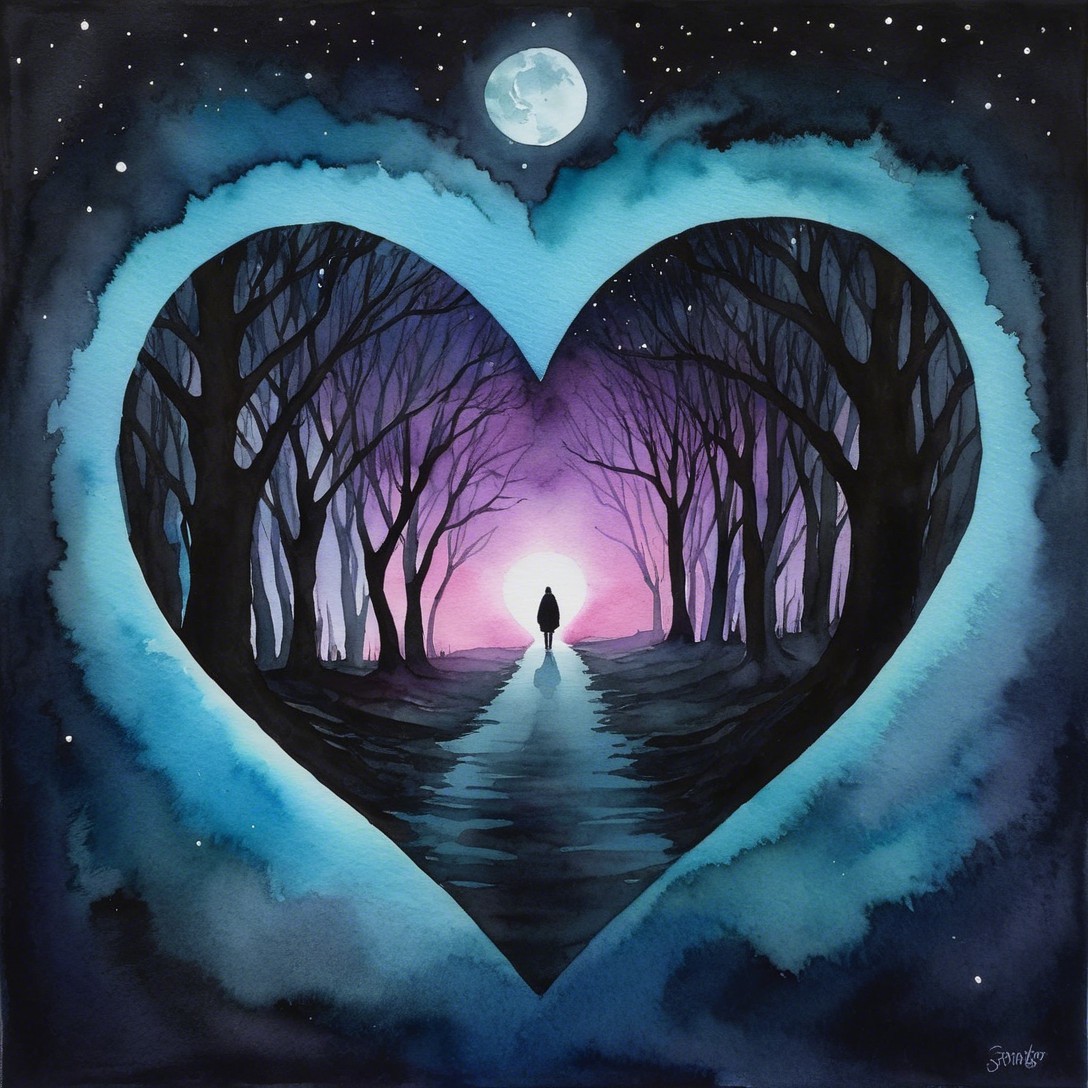 Watercolor Heart-Shaped Frame of Forest Pathway