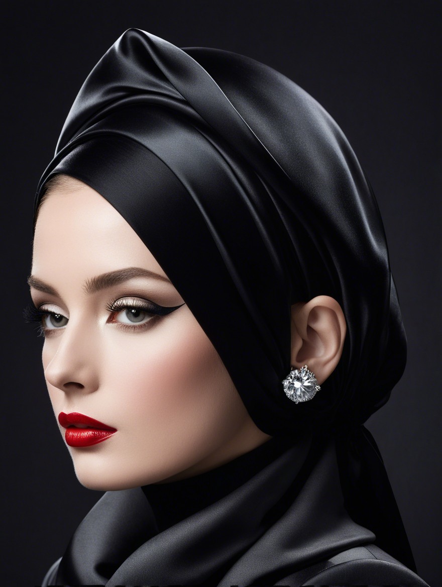 Portrait of a woman in black satin hijab and bold makeup