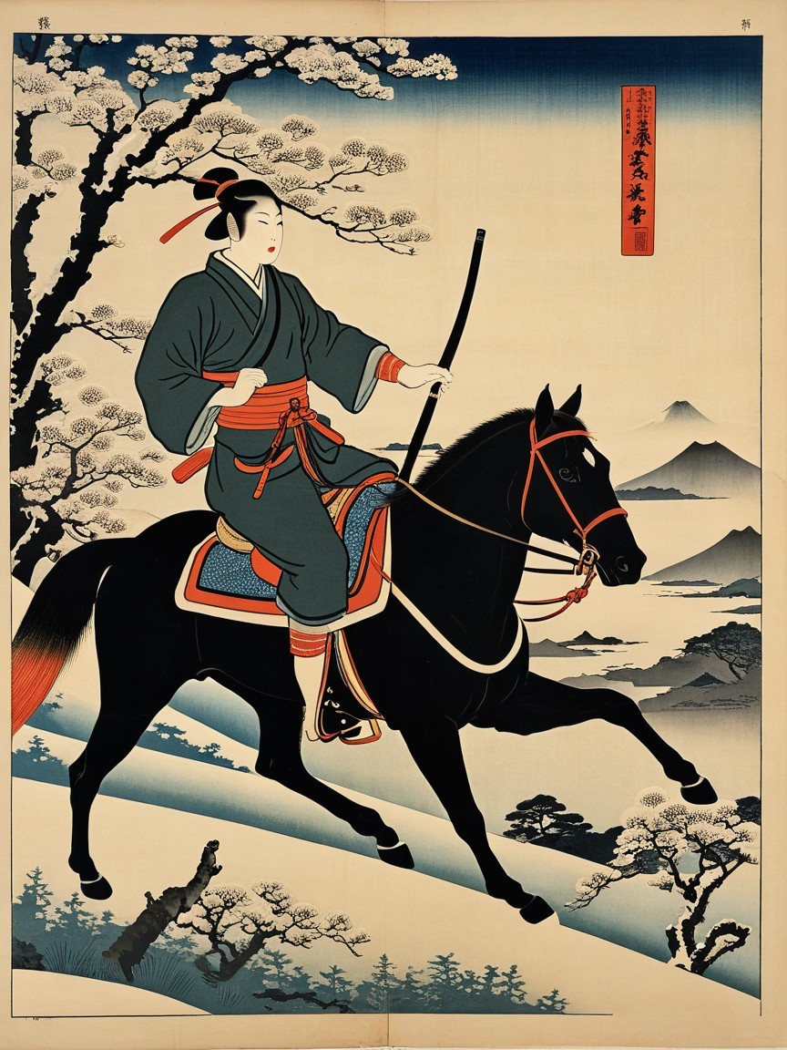 Traditional Japanese Woodblock Print of Woman on Horse