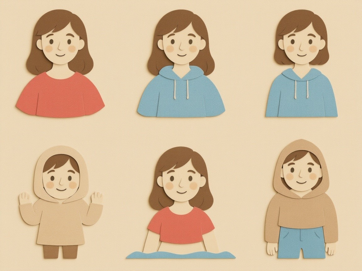 Illustration of a girl in various outfits and expressions