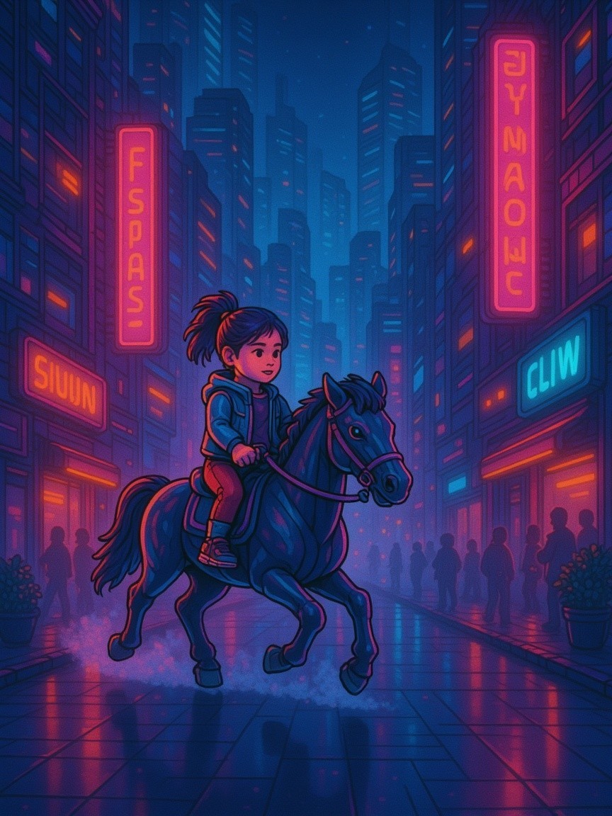 Young girl on black horse in neon-lit city street