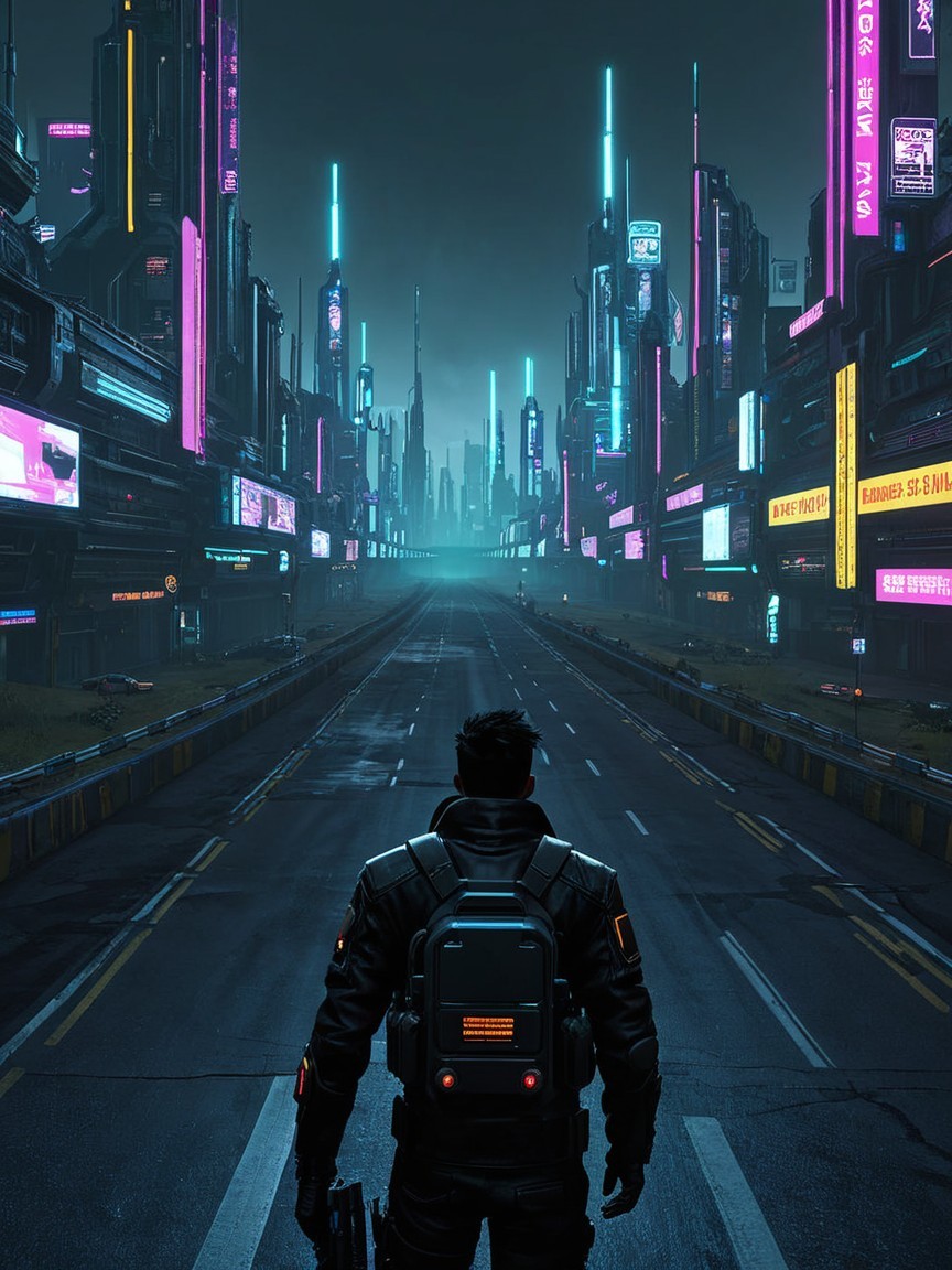 Cyberpunk Cityscape at Night with Neon Lights