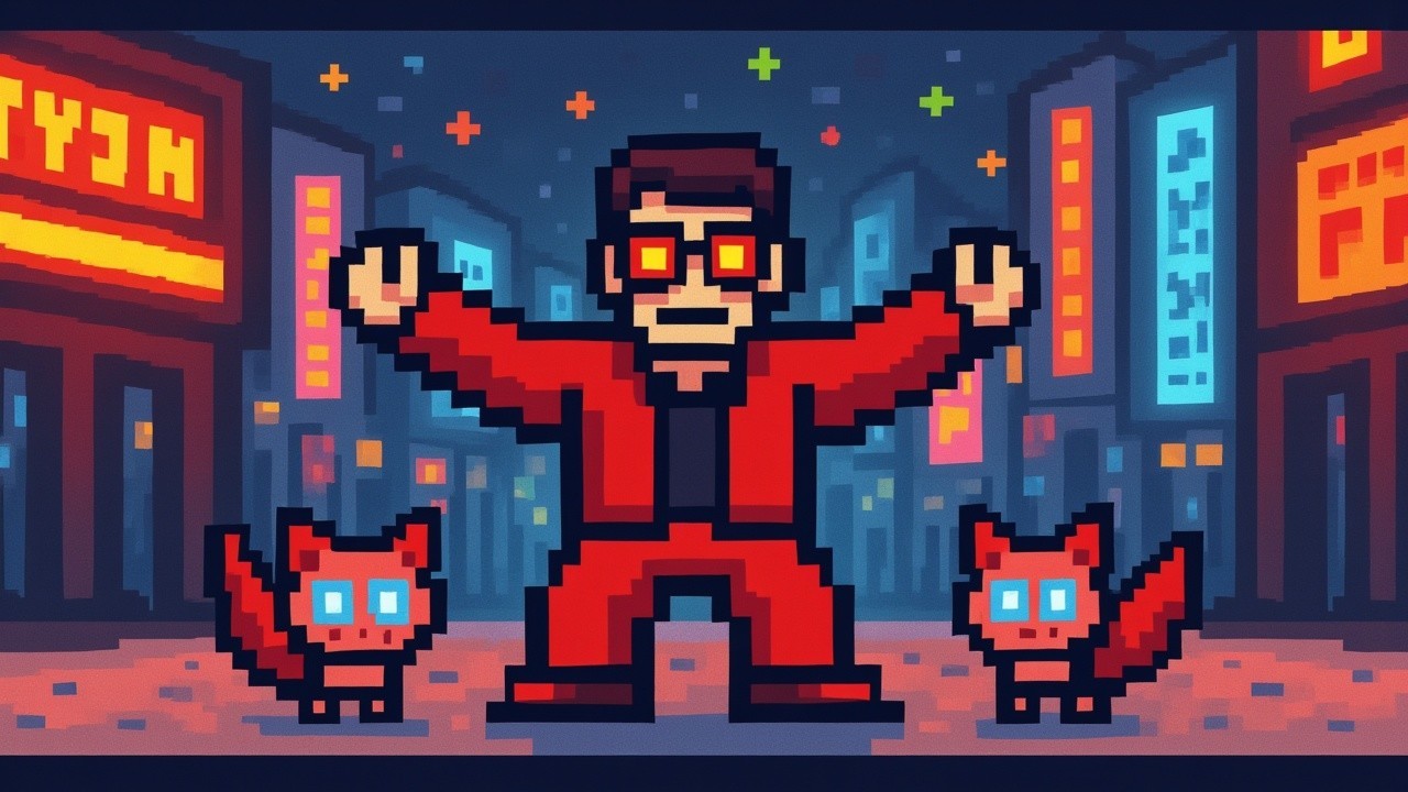 Pixel Art Urban Scene with Colorful Nightlife Elements