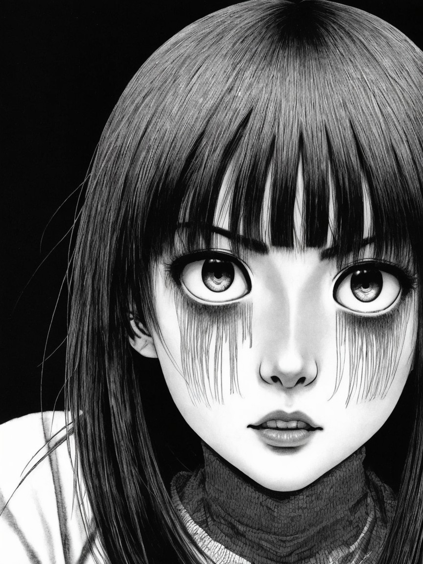 Monochrome Artwork of a Character with Expressive Eyes