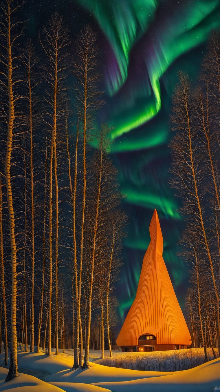 Wooden Structure Under Northern Lights in Snowy Landscape