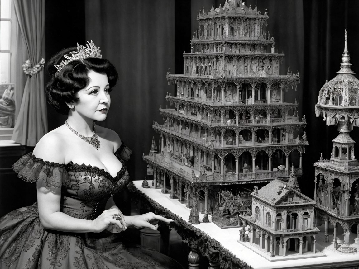 Glamorous Woman in Vintage Gown Beside Architectural Model
