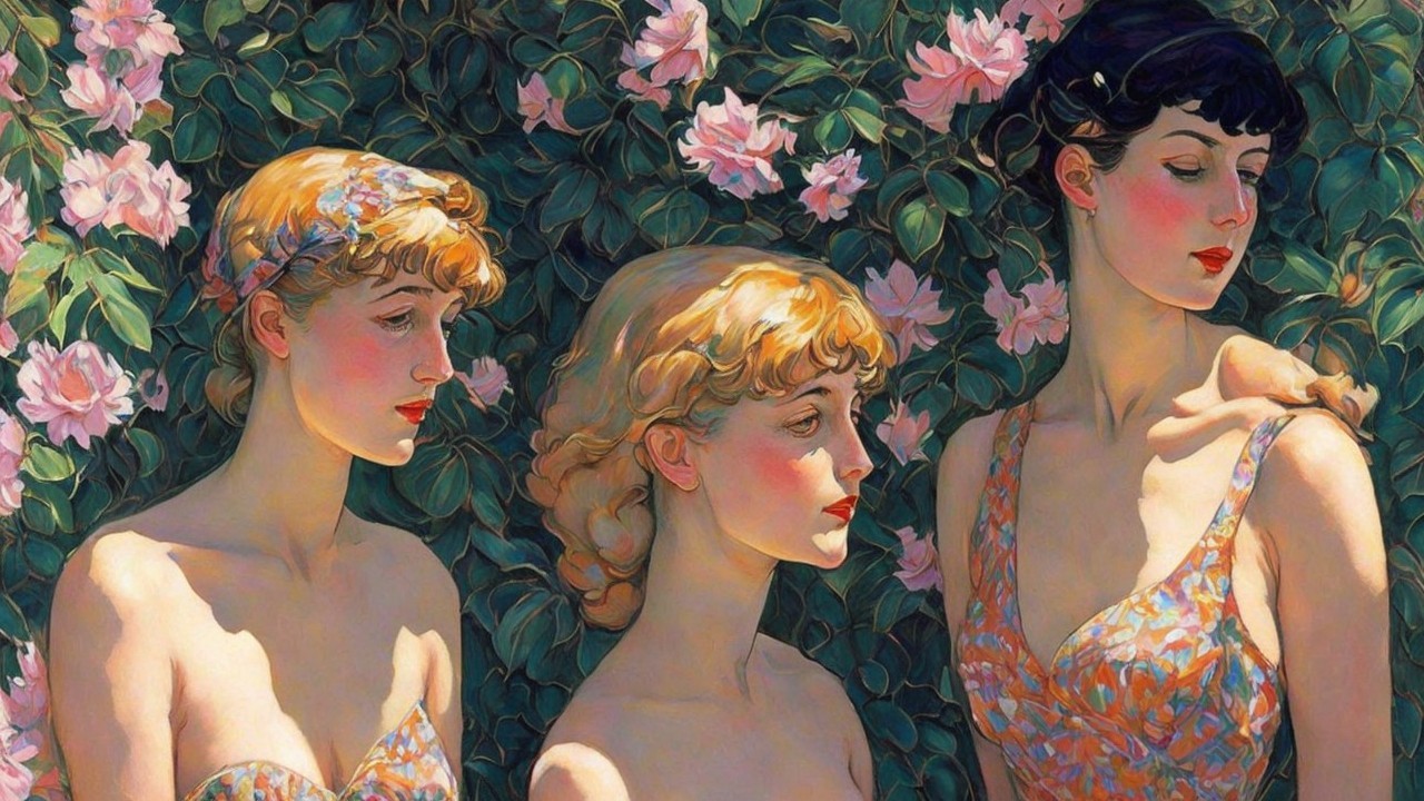 Elegant Women Amidst Blooming Flowers in Spring Colors