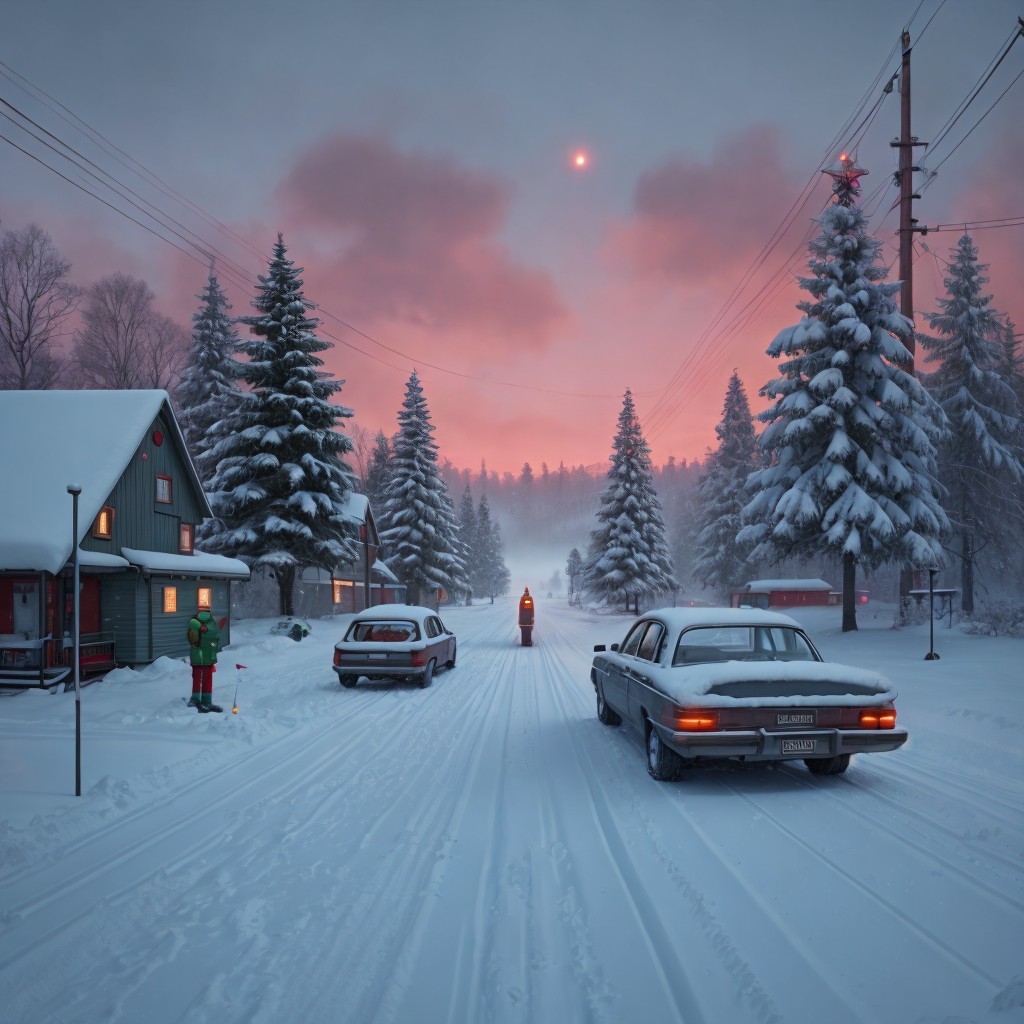 Snowy Village Scene at Sunset with Cozy House