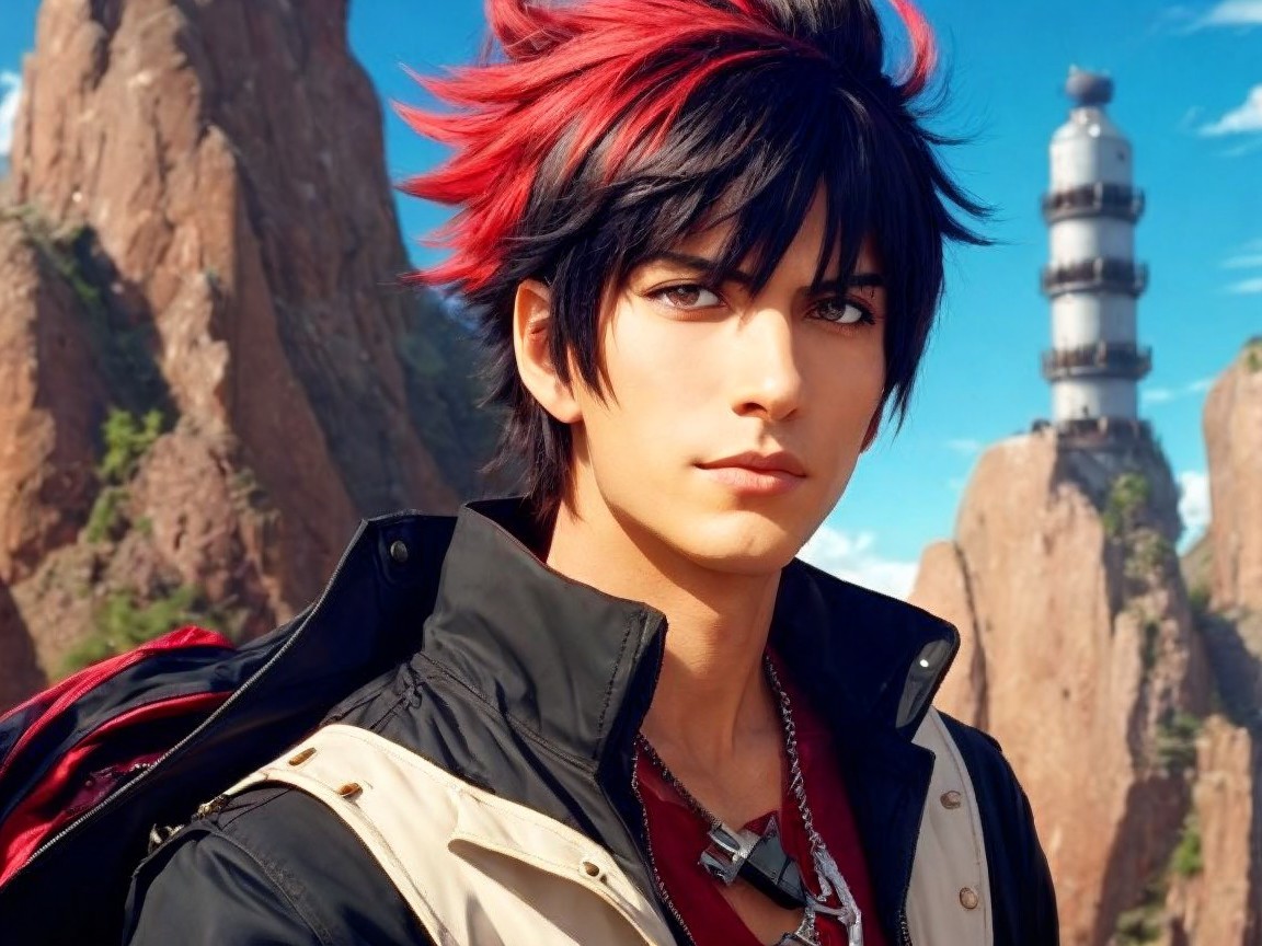 Young man with spiky black and red hair by lighthouse