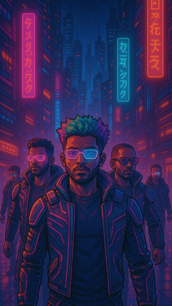 Cyberpunk Cityscape with Figures in Futuristic Attire