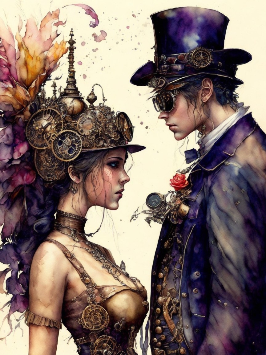 Steampunk Couple in Intricate Gear-Laden Attire