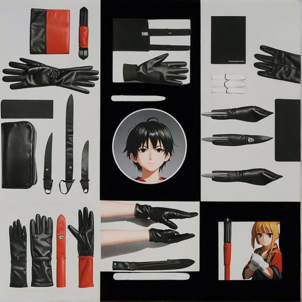 Assortment of Black and Red Gloves, Pens, and Notebooks