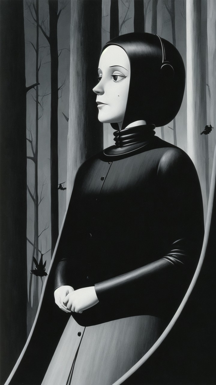 Solitary Figure in Black Garment Among Dark Trees