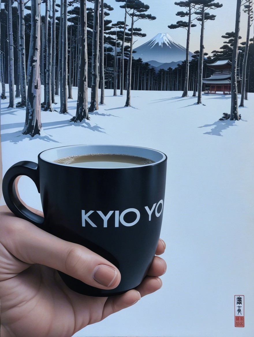 Black Coffee Mug in Serene Winter Landscape