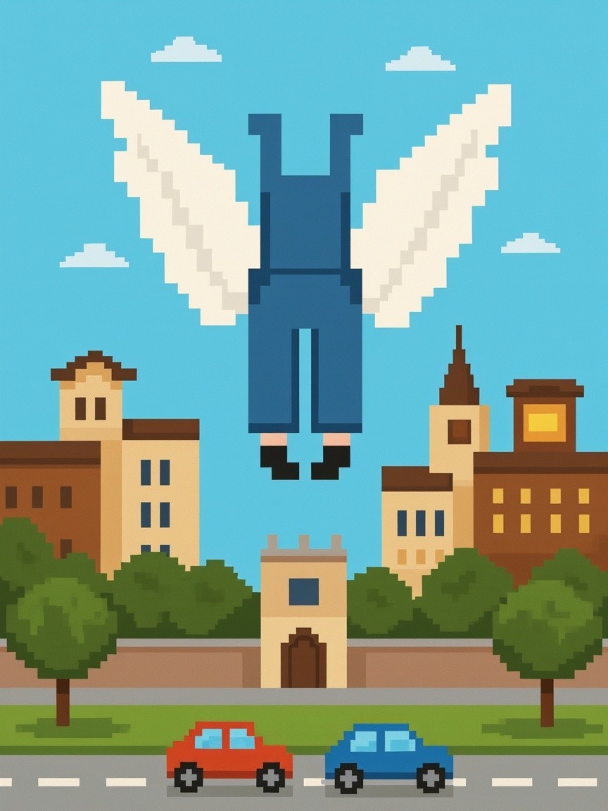 Whimsical Pixel Art Character Soaring Over Cityscape