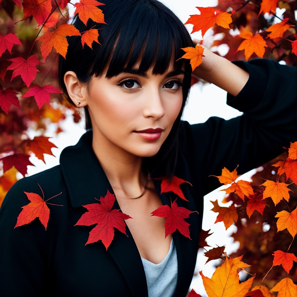 Woman in Black Blazer Surrounded by Autumn Leaves