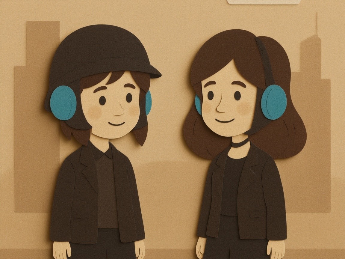 Cartoon Characters with Headphones in City Setting