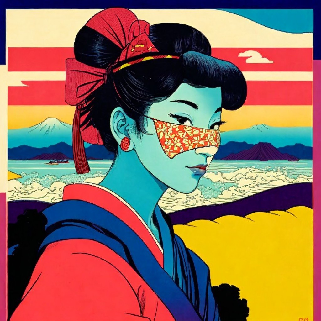 Stylized portrait of a Japanese woman in traditional attire