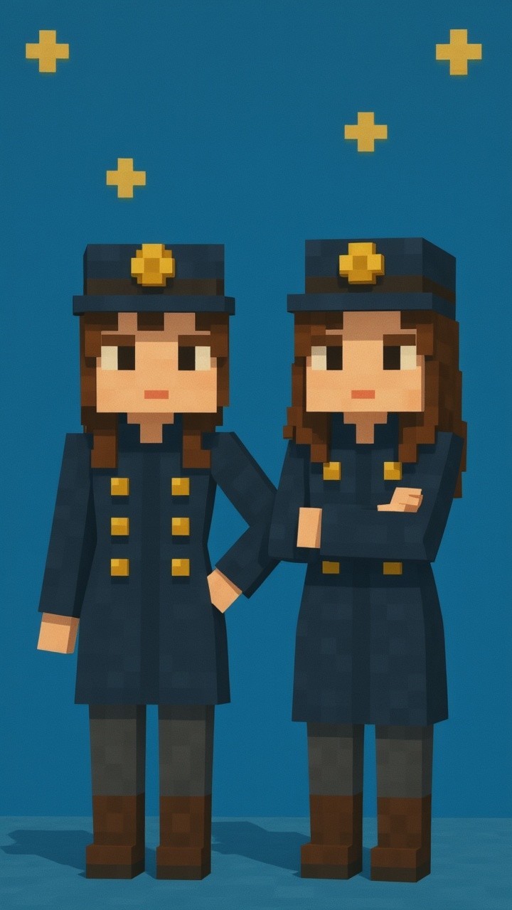 Pixelated Police Characters in Navy Uniforms