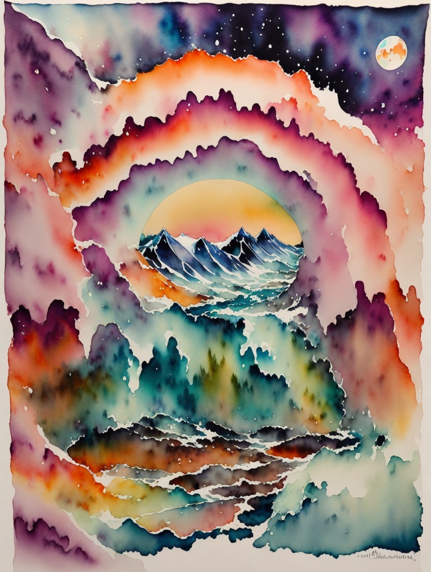 Vibrant Watercolor Cosmic Landscape with Mountains