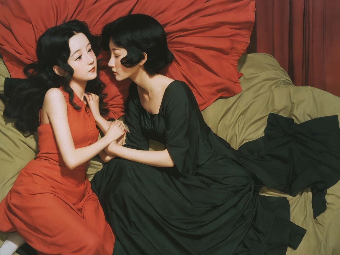 Young Women in Romantic Setting on Colorful Bed