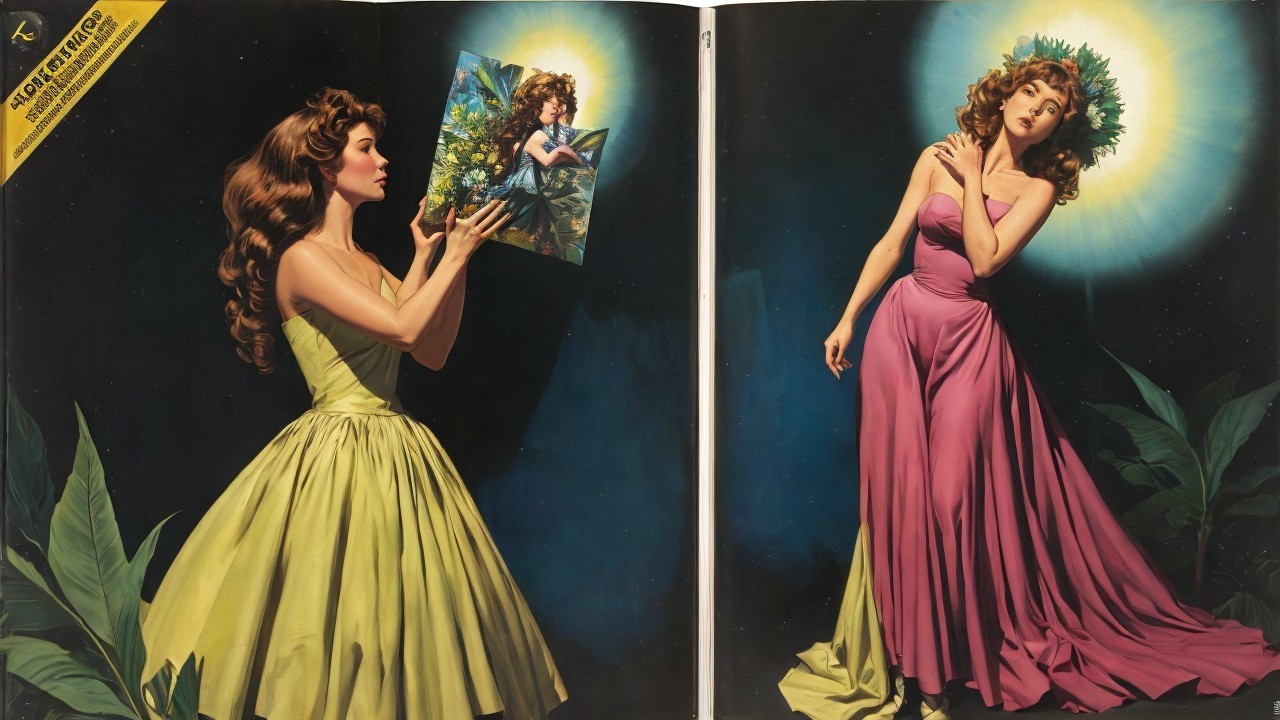 Woman in Elegant Gowns Surrounded by Lush Greenery