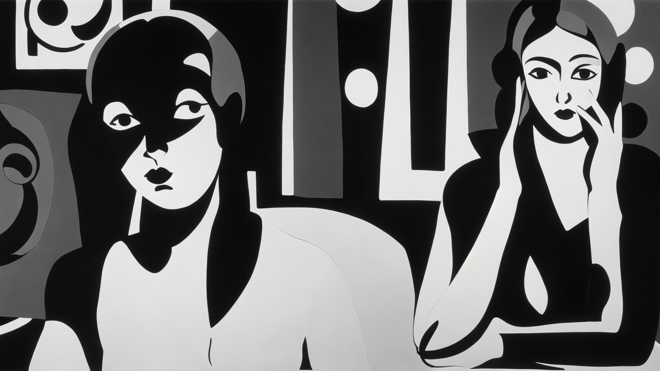 Monochromatic Artwork with Stylized Figures and Patterns