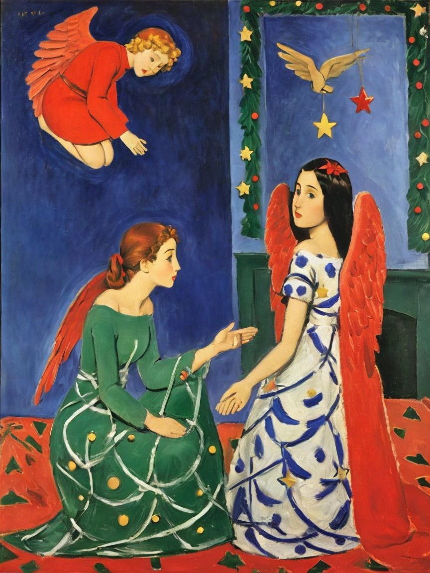 Angels in a Christmas Scene with Red Feathered Wings