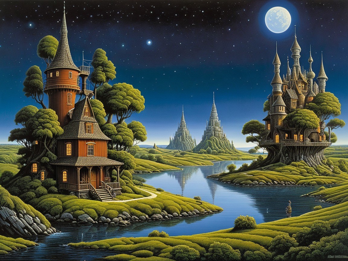 Surreal Landscape with Castles and Night Sky Reflection
