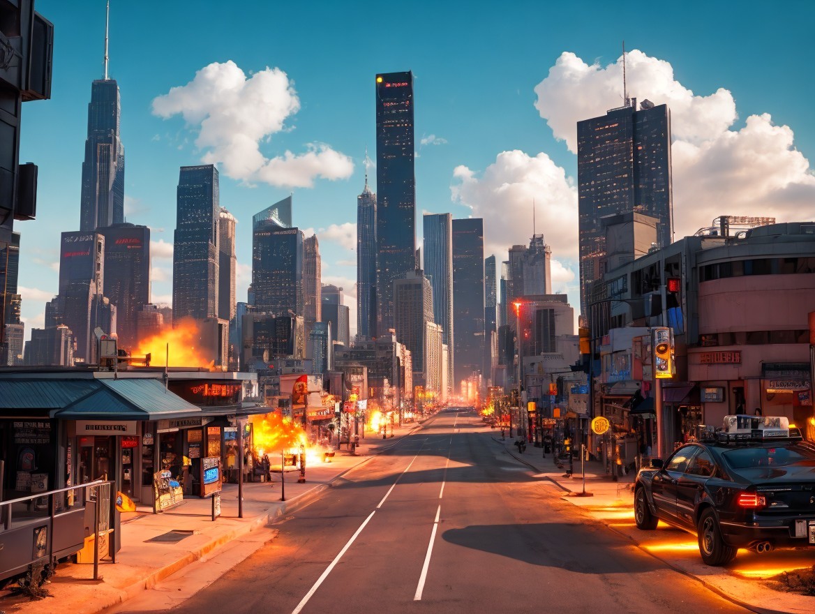 Dramatic Cityscape with Skyscrapers and Explosions