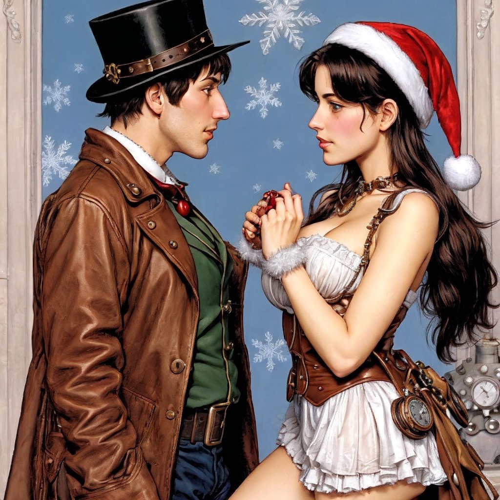 Steampunk Couple in Christmas Attire with Snowflakes