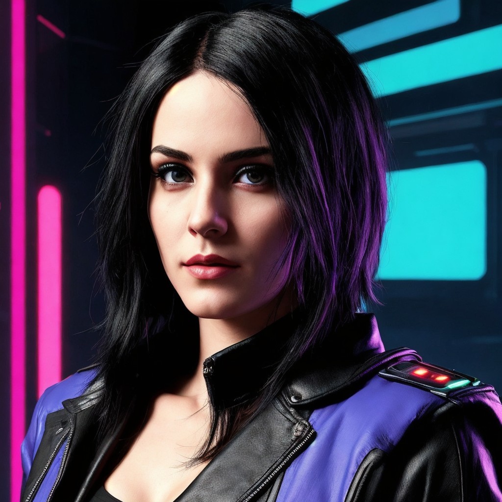 Young woman in futuristic black and purple jacket