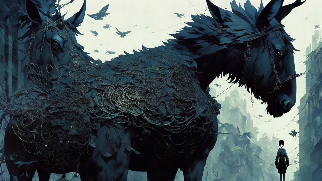 Surreal Landscape with Majestic Horses and Shadows