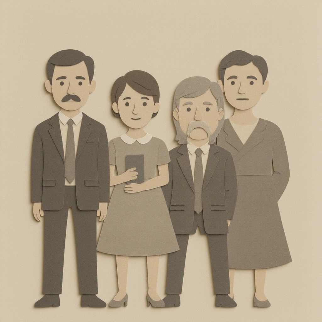 Stylized Vintage Characters in Friendly Group Setting
