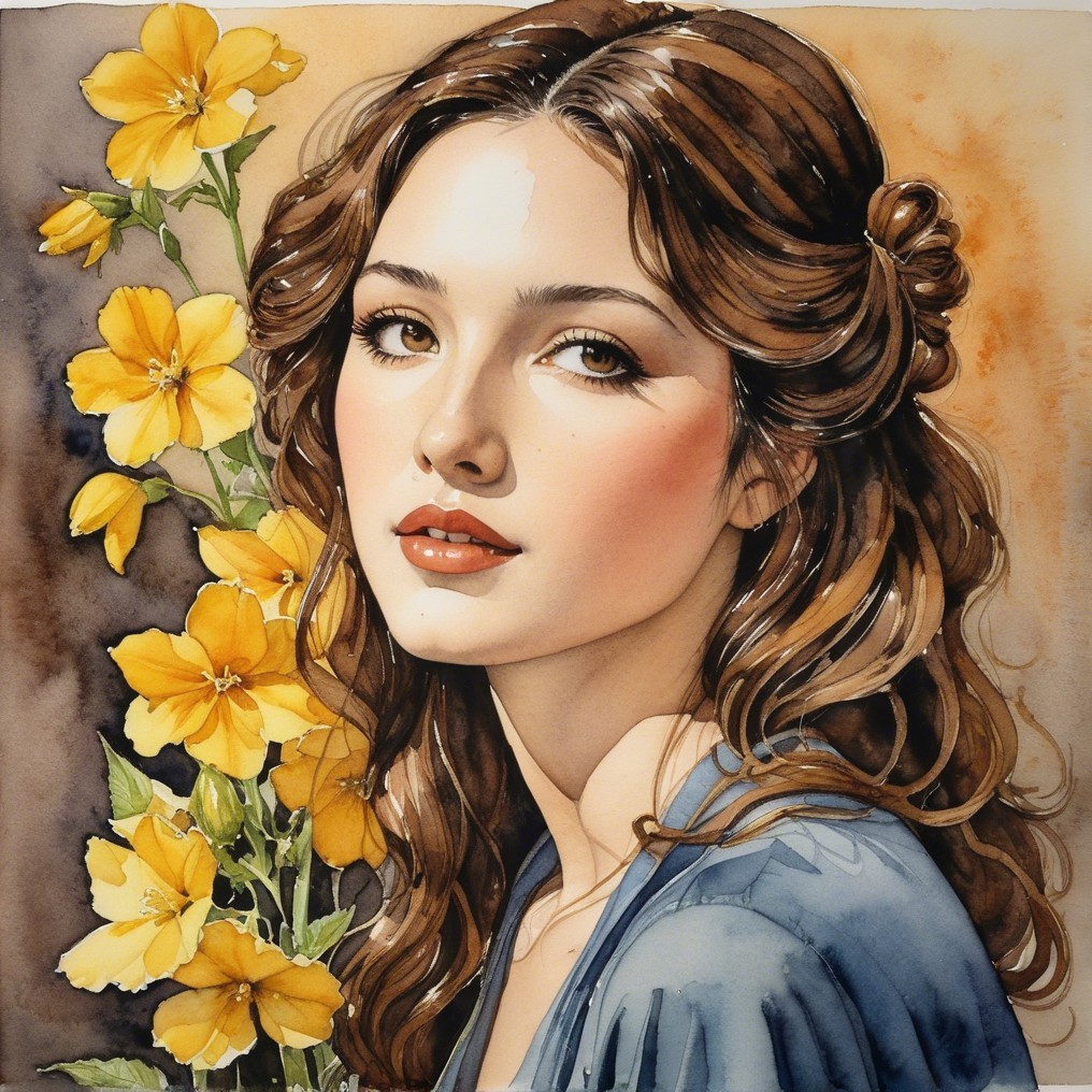 Young woman in blue garment with yellow flowers