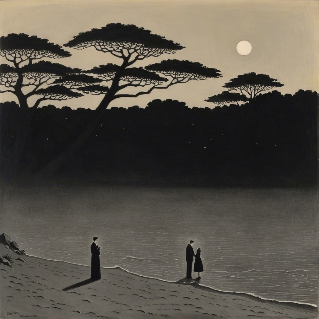 Serene Nighttime Landscape by Tranquil Water Body