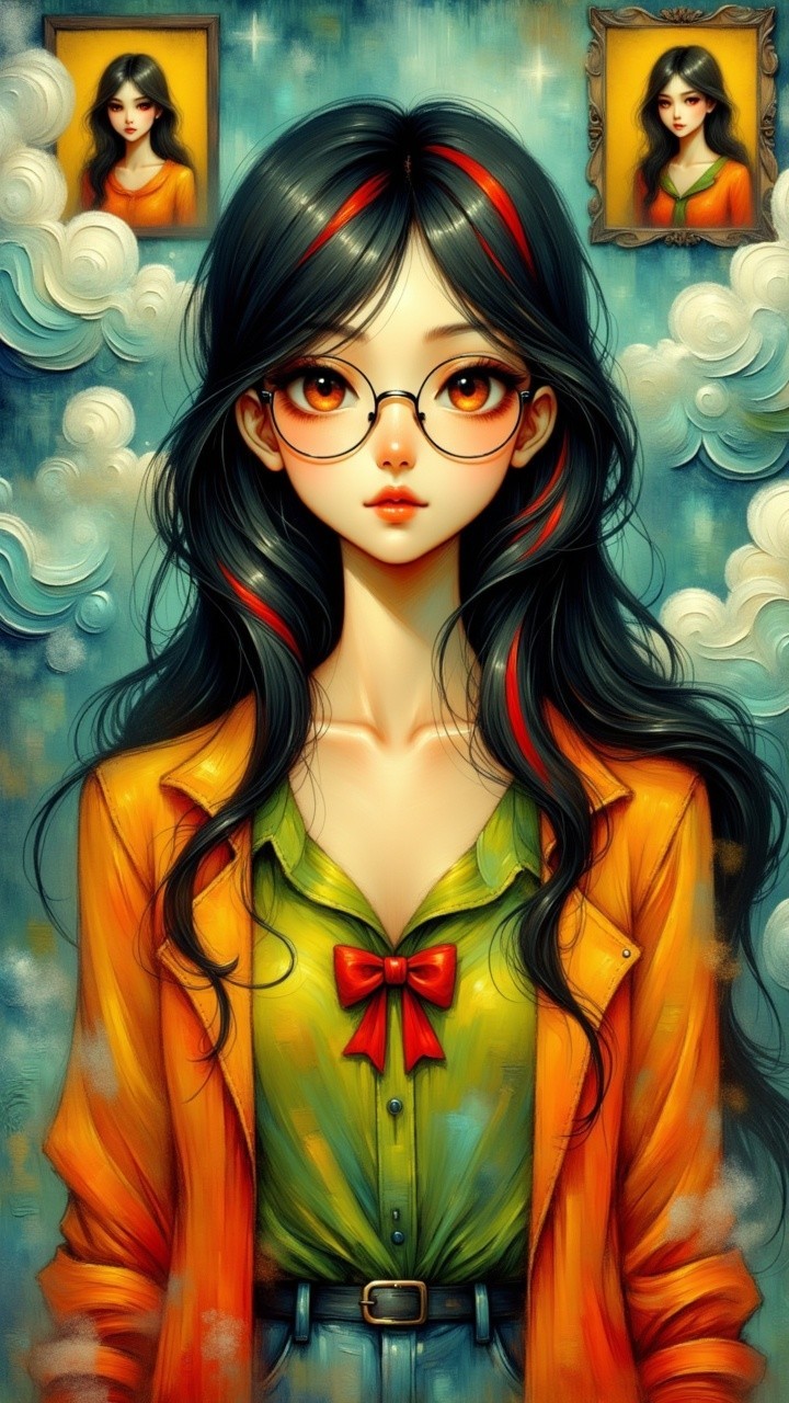 Young woman with black hair in vibrant outfit and portraits