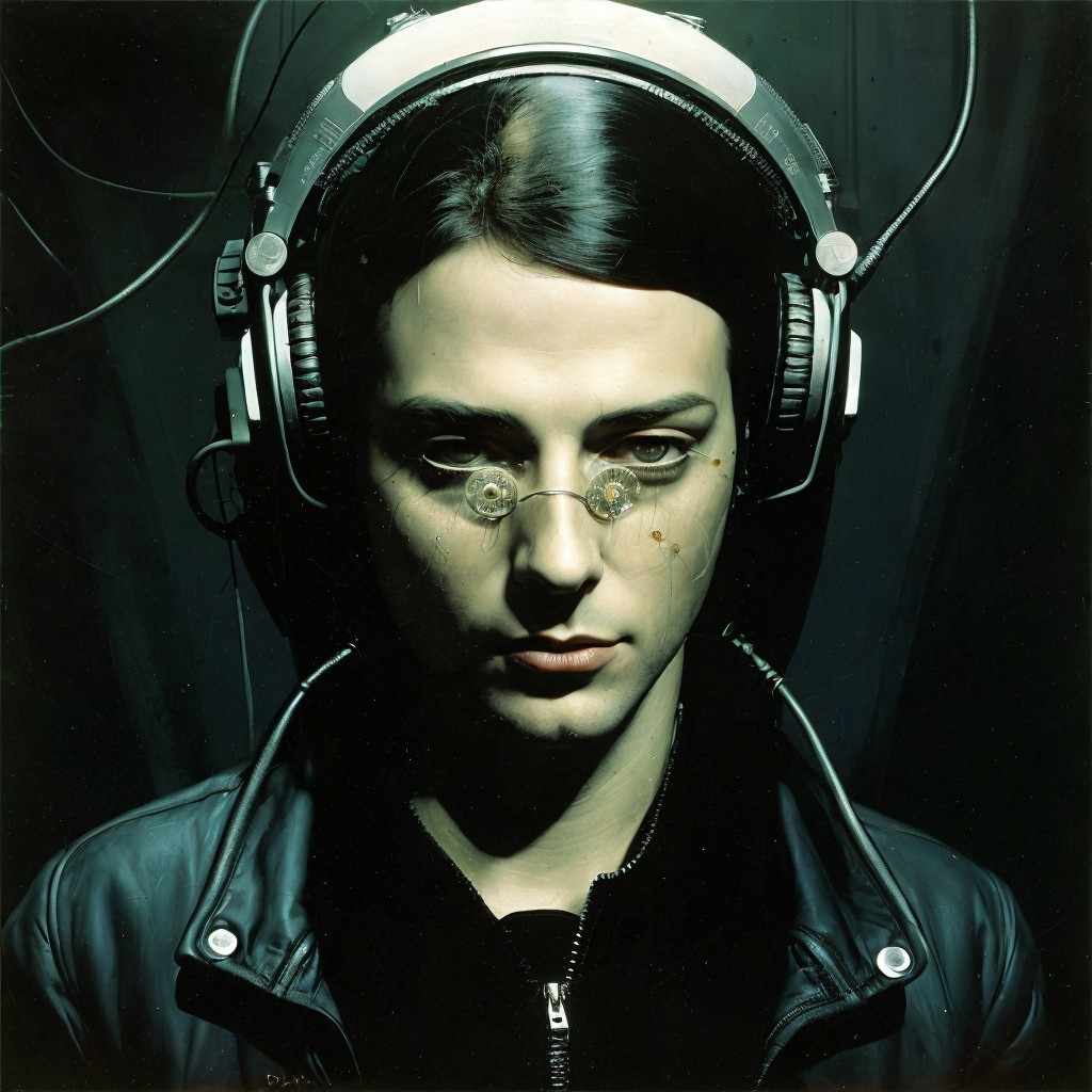 Futuristic Individual with Headphones and Glasses